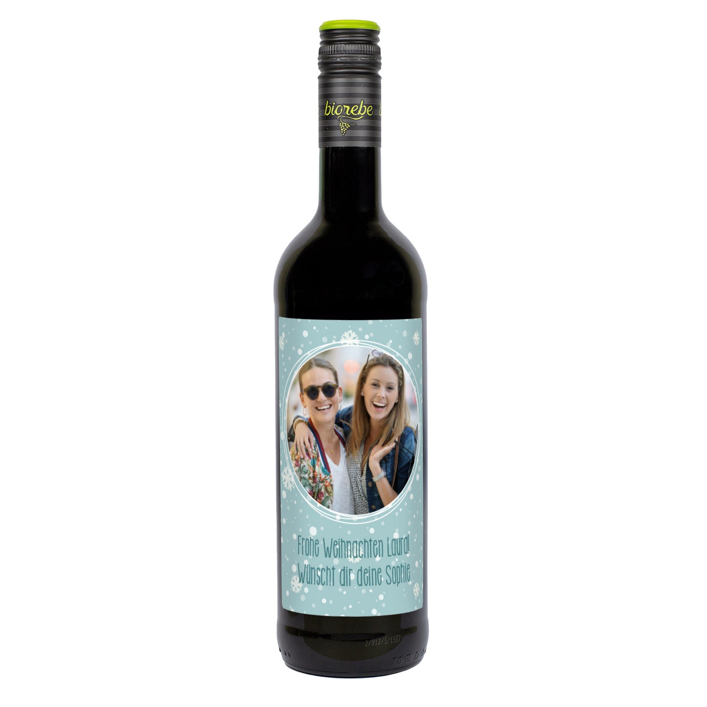 Personalisierte Rotweinflasche mit Schneeflocken-Etikett und eigenem Foto