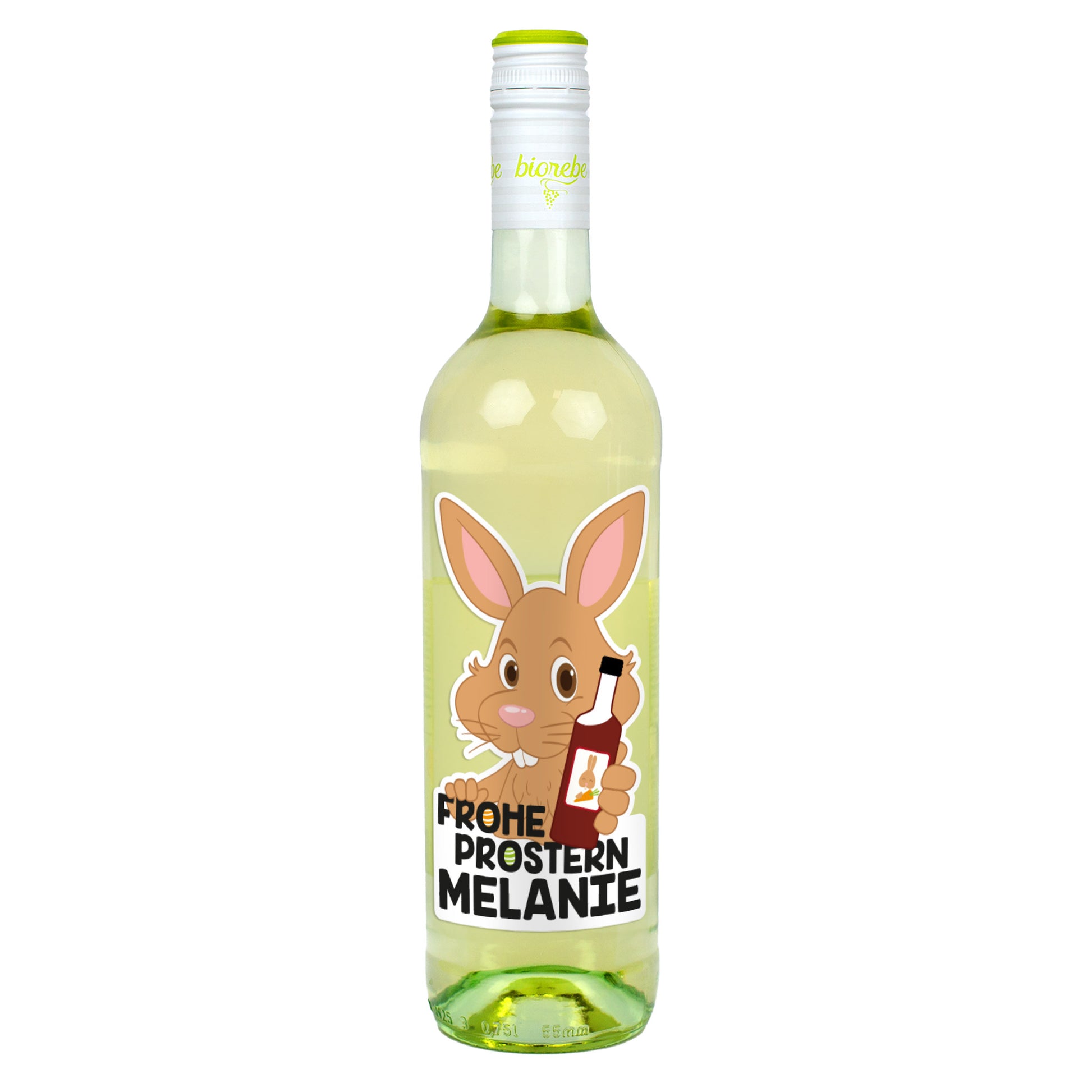 Personalisierte Weißweinflasche mit Osterhasen-Motiv, Schriftzug „Frohe Prostern“ und Name Melanie