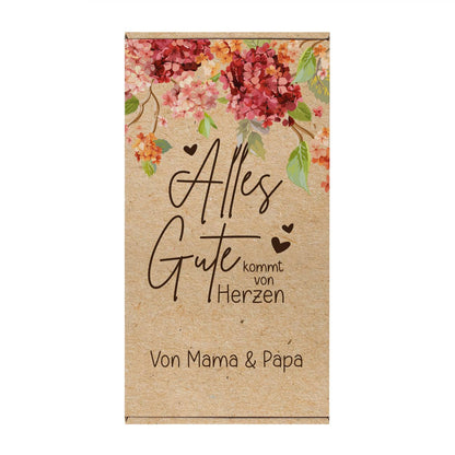 Persönlich bedruckter Geschenkkarton für tolle Präsente mit Spruch, Hortensienblüten und Wunschtext