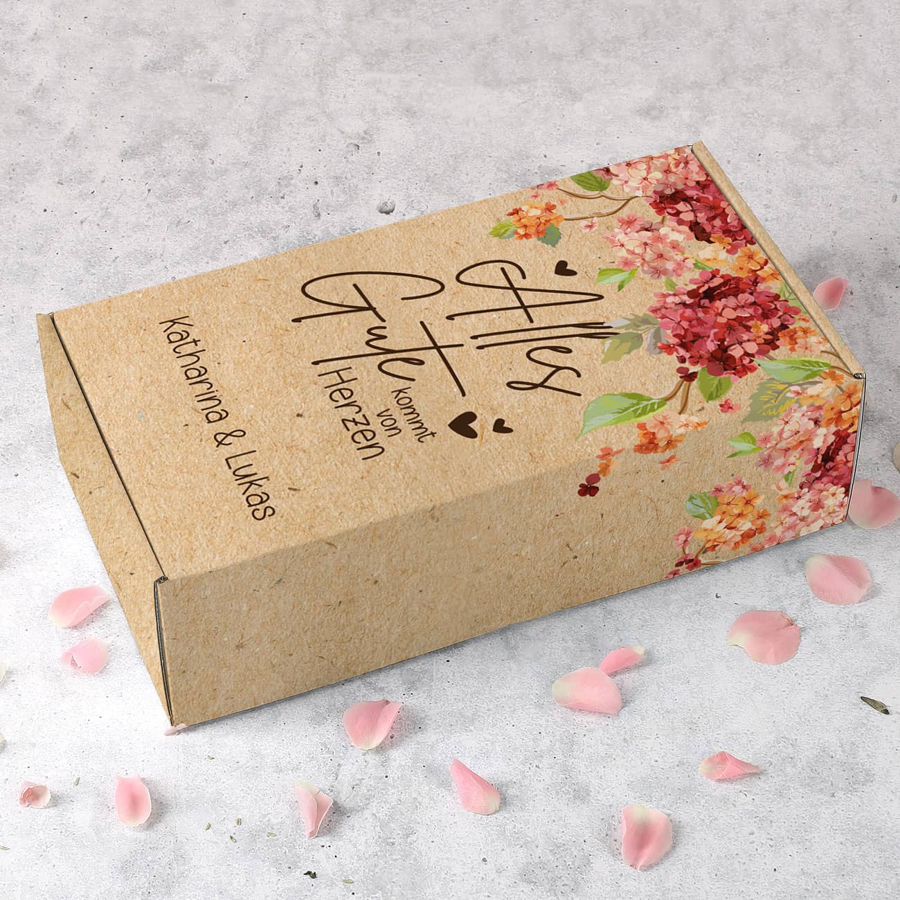 Elegante Vintage Präsentbox mit Hortensienblüten "Alles Gute kommt von Herzen" und Wunschtext