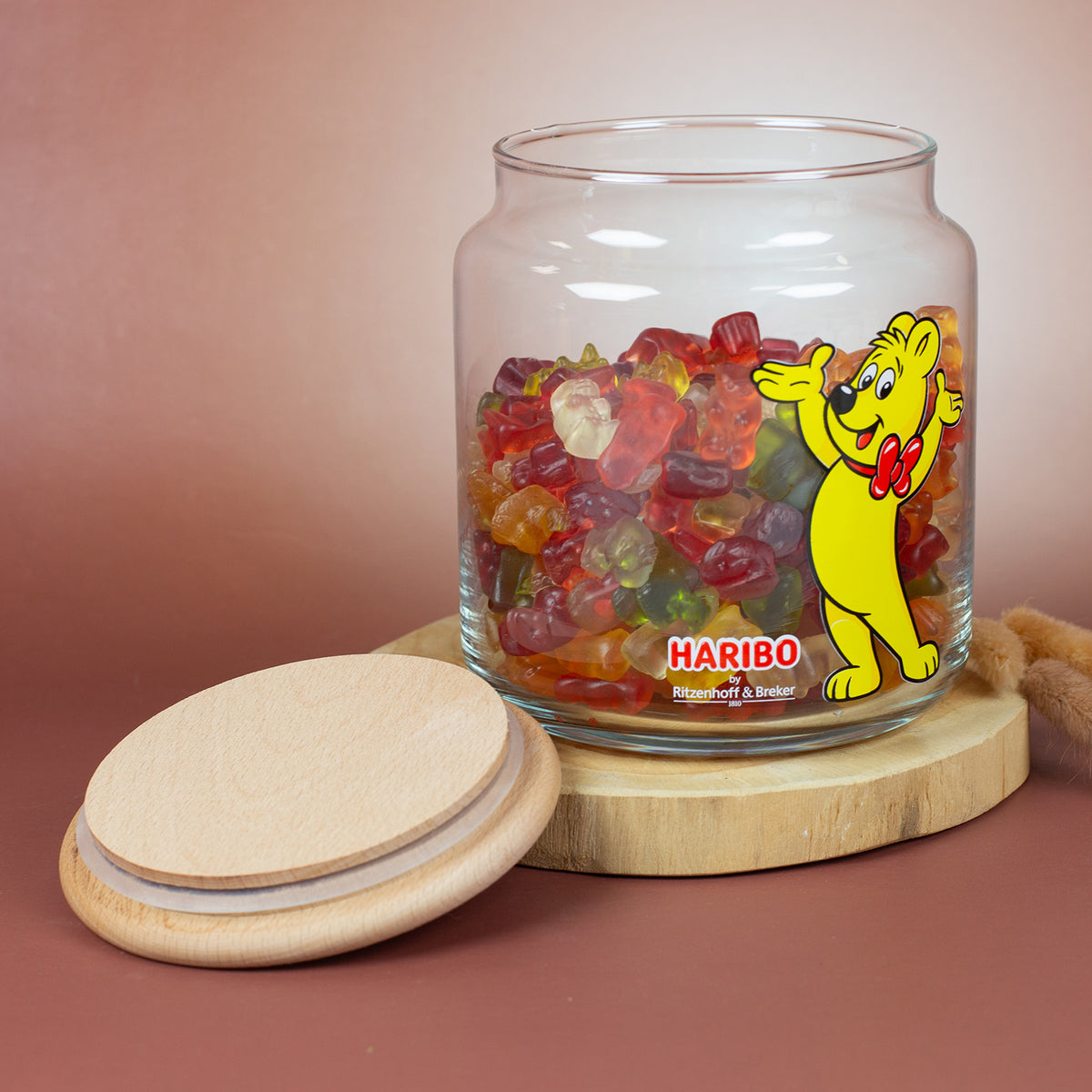 HARIBO Glasdose mit Goldbär Motiv und Gummibärchen als Vorratsglas für Süßigkeiten