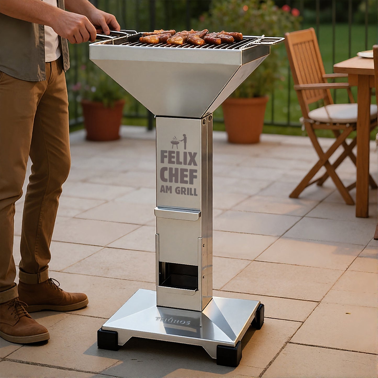 Thüros Säulengrill Holzkohlegrill aus Edelstahl mit persönlicher Gravur "Chef am Grill" und dem Namen zum Geburtstag oder als Vatertagsgeschenk