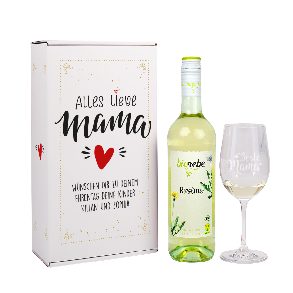 Biorebe Wein Geschenkset zum Muttertag mit Weinglas in Geschenkbox | Geschenk für Mama