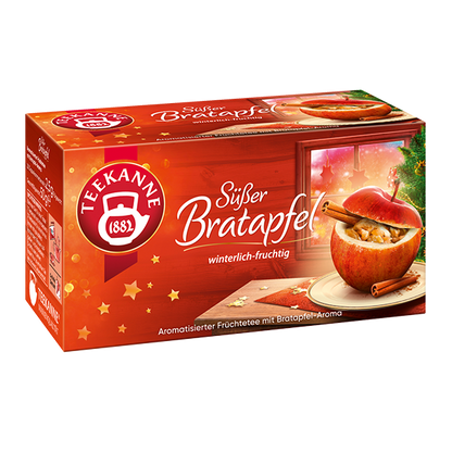 Freigestellte Teepackung „Teekanne Süßer Bratapfel“ in rot-goldenem Winterdesign mit Bratapfelmotiv.