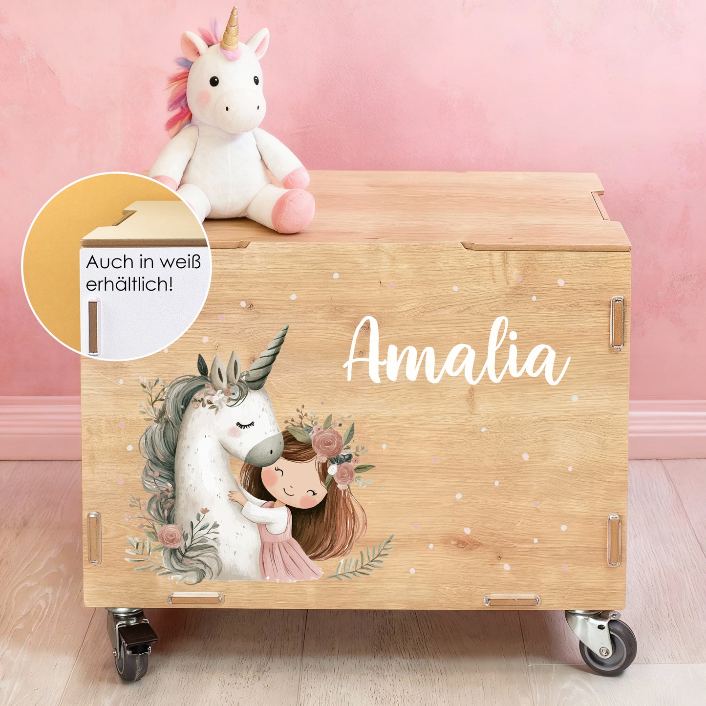 Personalisierte Rollbox aus Holz von clipfritz mit Einhorn & Prinzessin | Spielzeugkiste für Mädchen