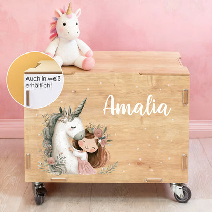 Personalisierte Rollbox aus Holz von clipfritz mit Einhorn & Prinzessin | Spielzeugkiste für Mädchen