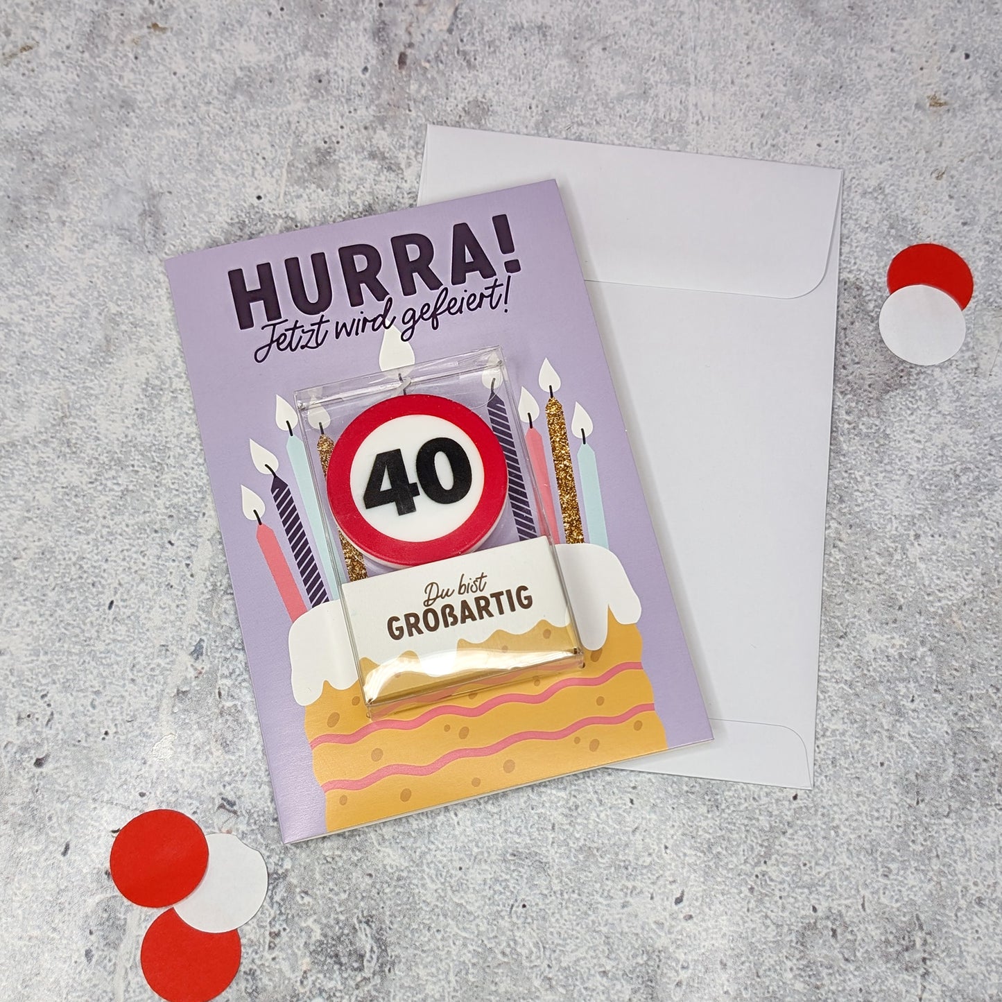 Geburtstagskarte mit Verkehrszeichen-Kerze – Variante „40“ auf hellem Untergrund
