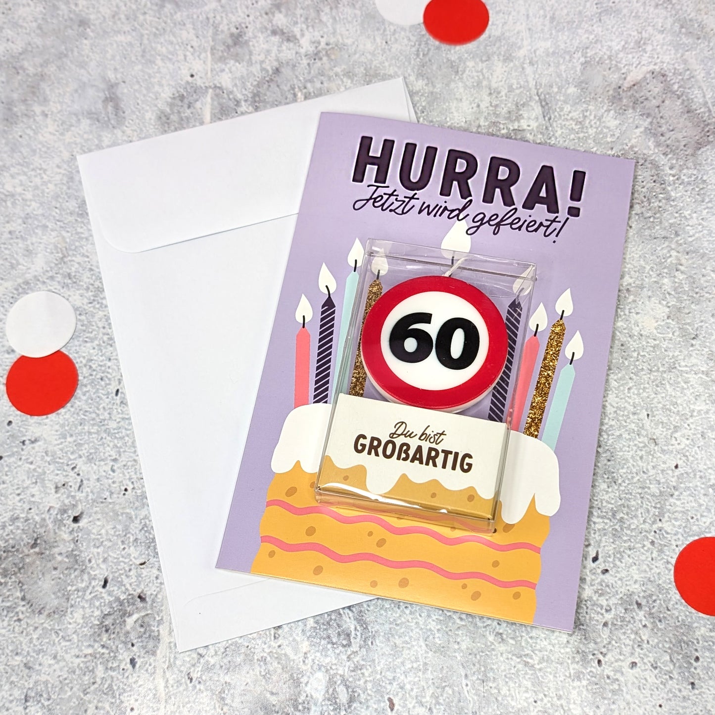 Geburtstagskarte mit Verkehrszeichen-Kerze – Variante „60“ auf hellem Untergrund