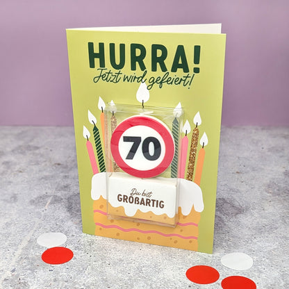 Geburtstagskarte mit Verkehrszeichen-Kerze – Variante „70“ 
