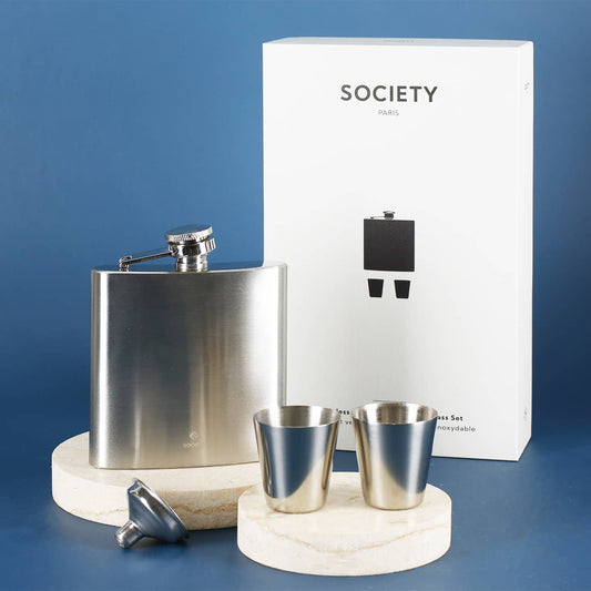 Flachmann aus Edelstahl mit zwei kleinen Bechern & kleinem Trichter