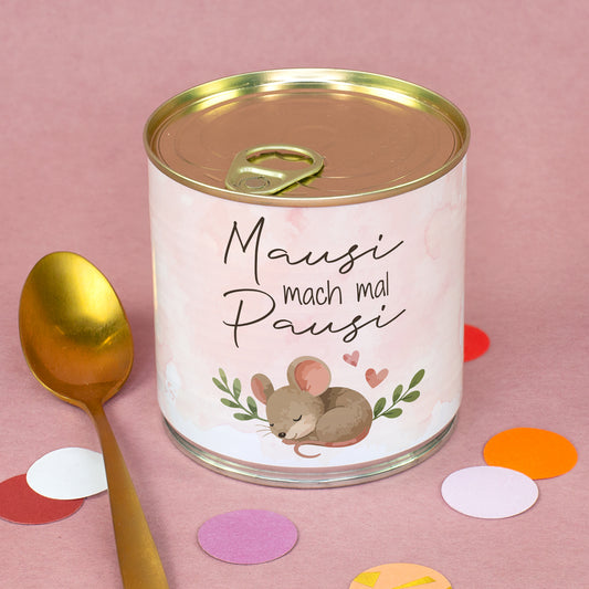 Rosa Dosenkuchen „Mausi mach mal Pausi“ mit schlafender Maus, goldenem Aufreißdeckel und dekorativem Löffel
