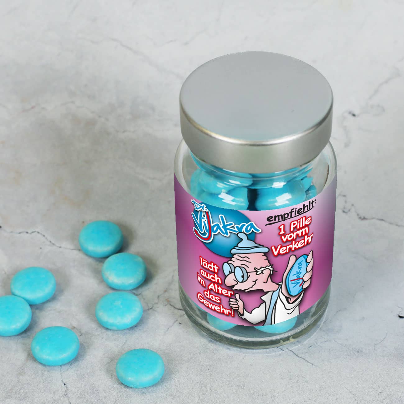 blaue Pille Vijakra im Glas mit Metall-Schraubverschluss