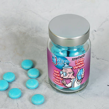 blaue Pille Vijakra im Glas mit Metall-Schraubverschluss