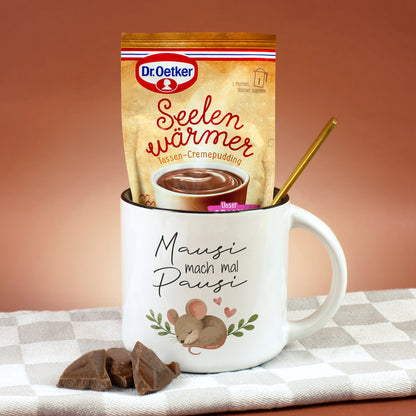 Geschenk Set Mausi mach mal Pausi mit schwarzer Tasse innen und Seelenwärmer Schoko Pudding