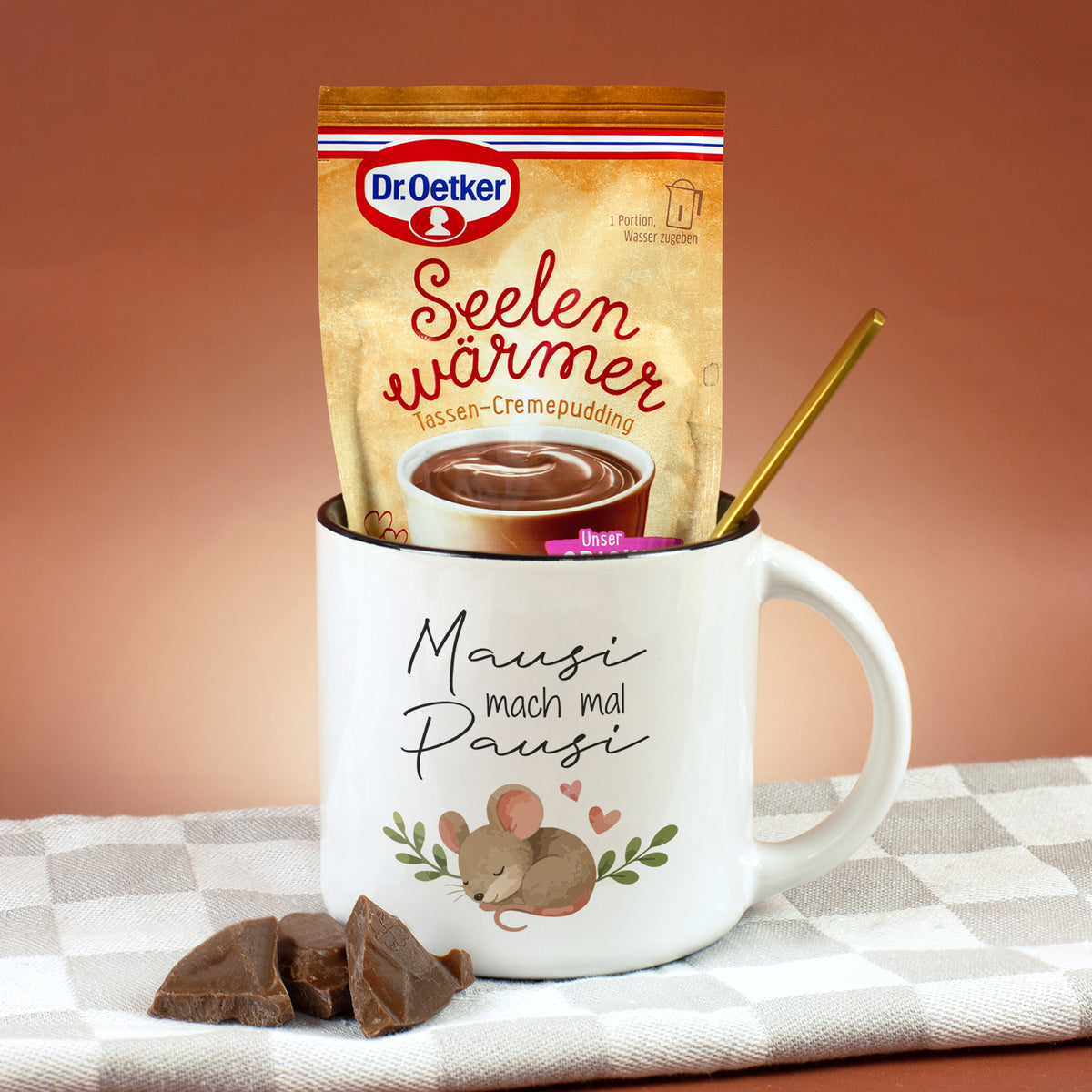 Mausi mach mal Pausi Tasse mit Dr. Oetker Seelenwärmer Schokolade