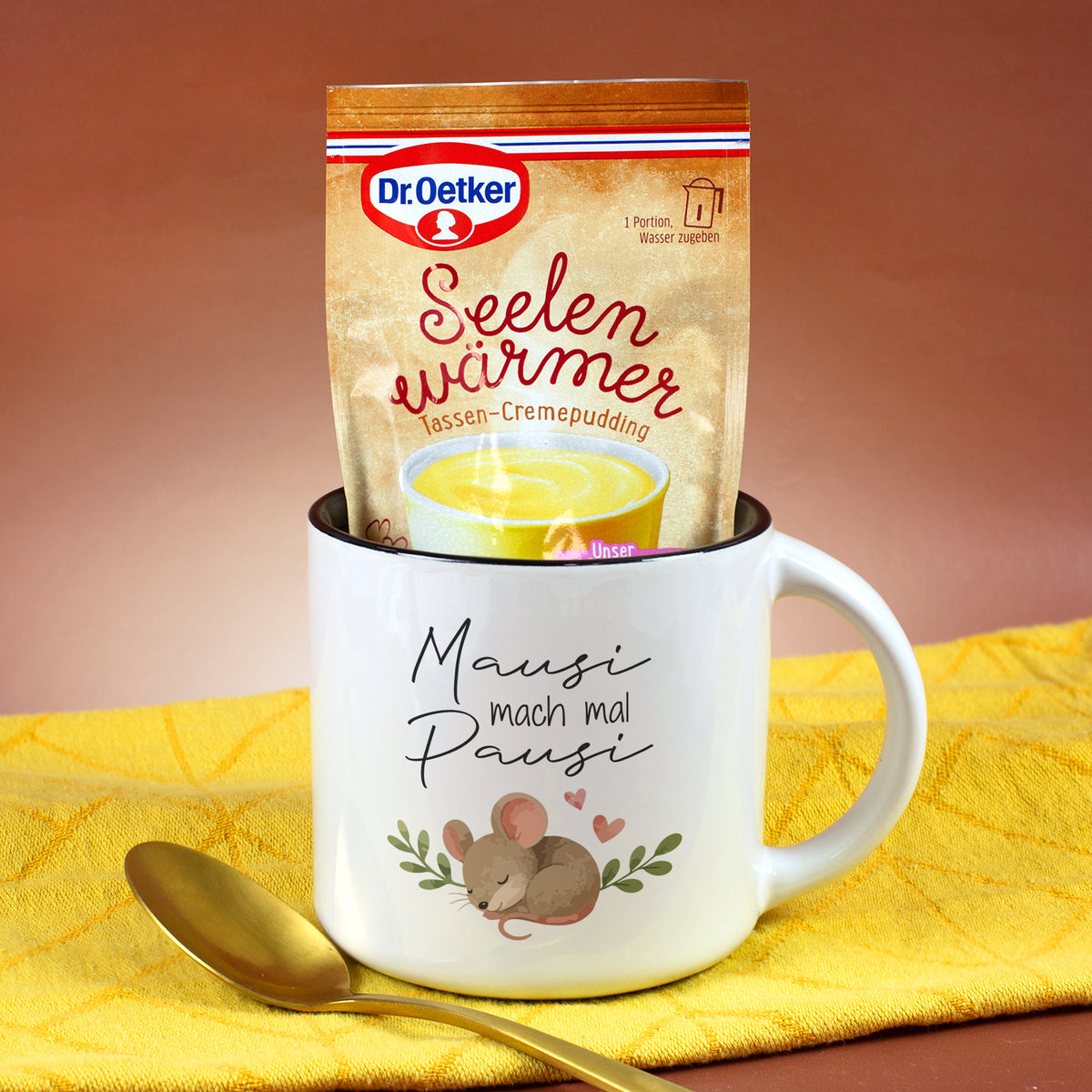 Tasse Mausi mach mal Pausi mit Seelenwärmer Vanille Geschmack als kleine Auszeit