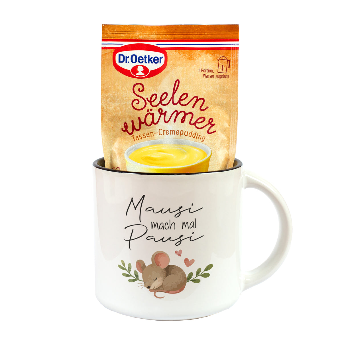 Mausi mach mal Pausi Tasse mit Dr. Oetker Seelenwärmer Vanille Geschmack