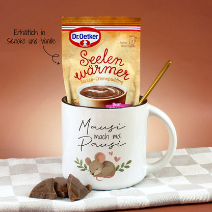 Geschenk Set mit Mausi mach mal Pausi Tasse und wählbarem Schoko oder Vanille Pudding