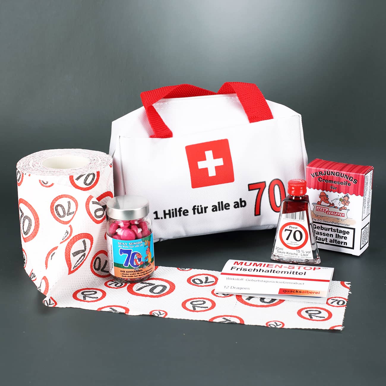 Geschenkset zum 70. Geburtstag in Form als Erste-Hilfe-Set