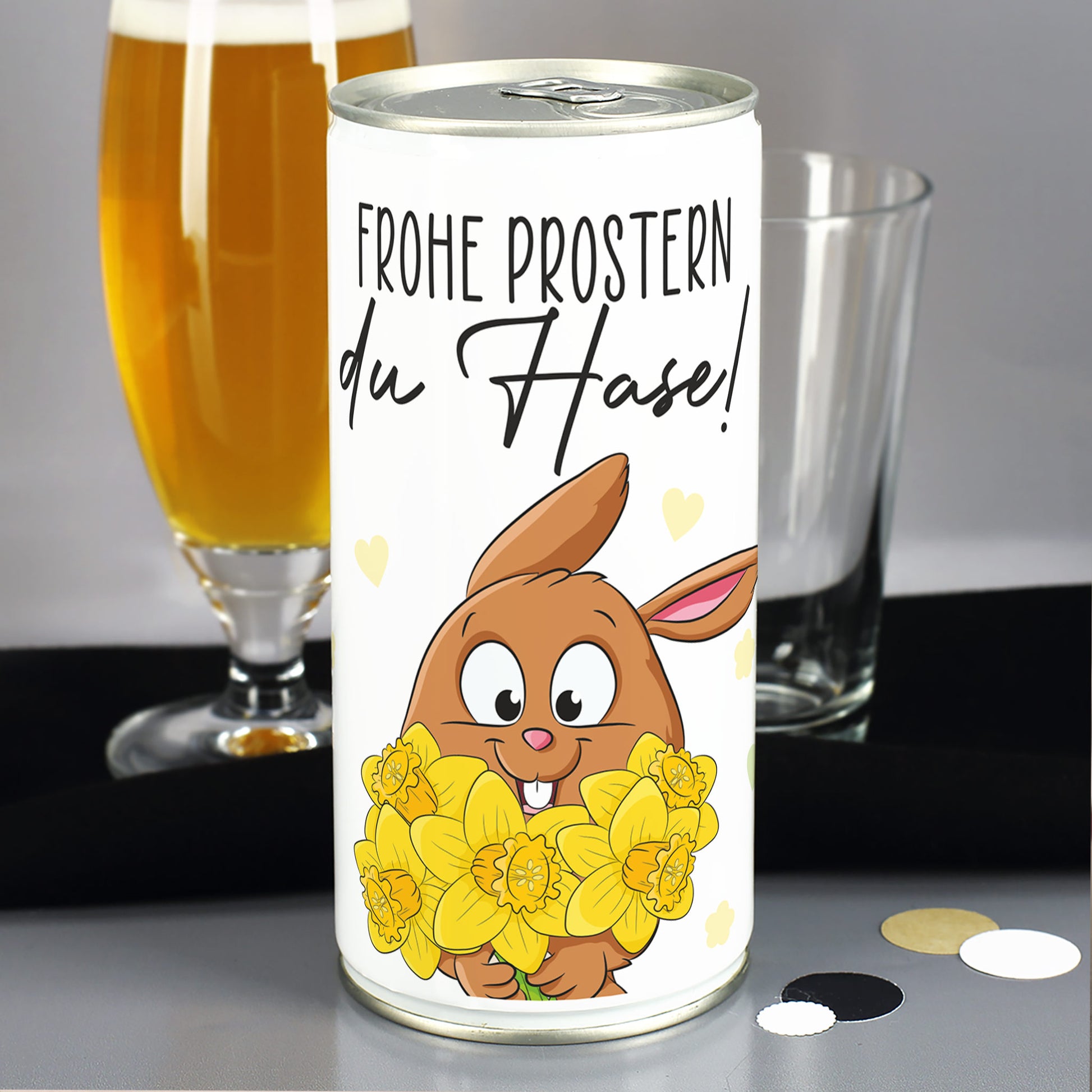 Bierdose zu Ostern mit Schriftzug Frohe Prostern und frühlingshaftem Hasenmotiv