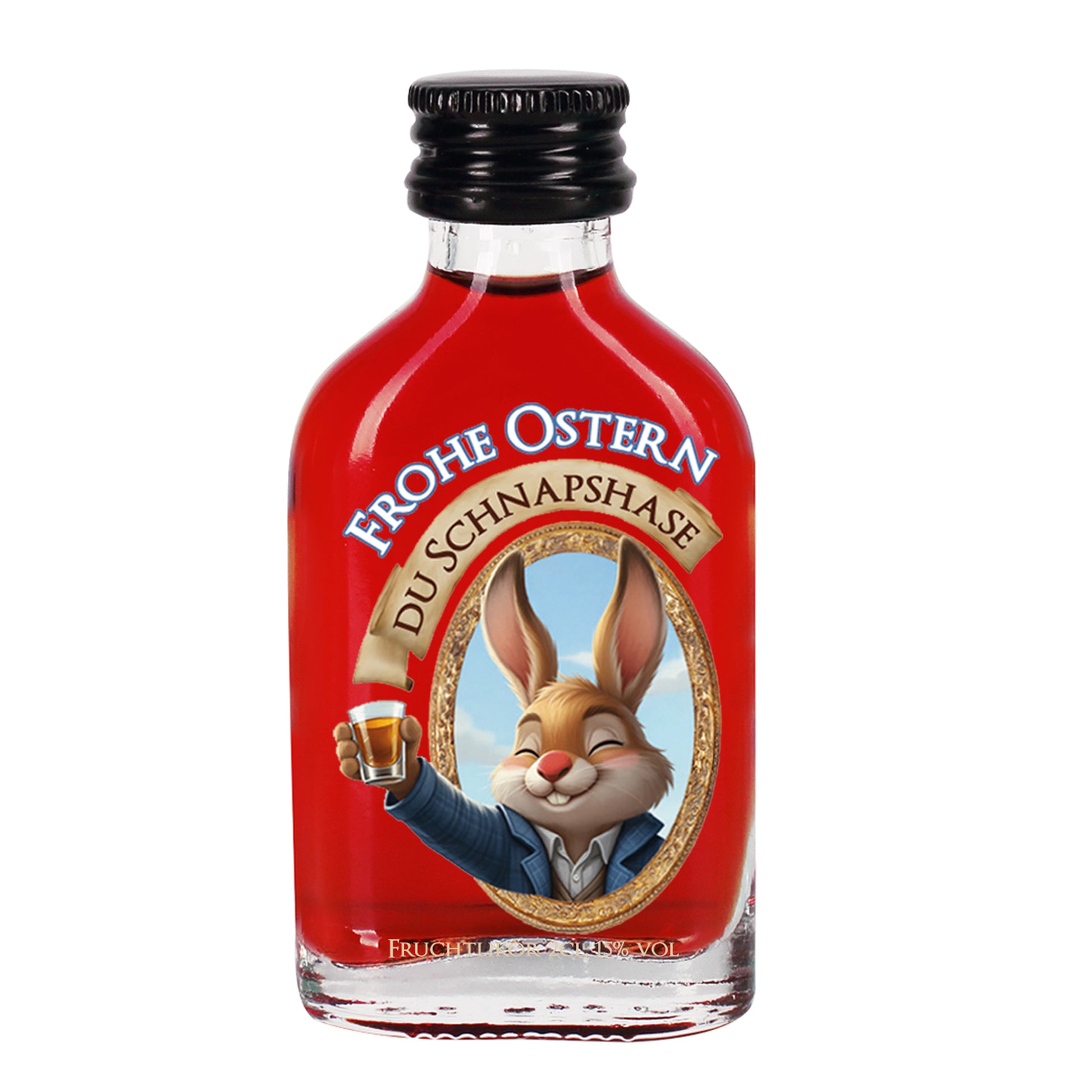 Freigestellte Mini Likörflasche mit rotem Fruchtlikör und Osterhasenmotiv „Du Schnapshase“