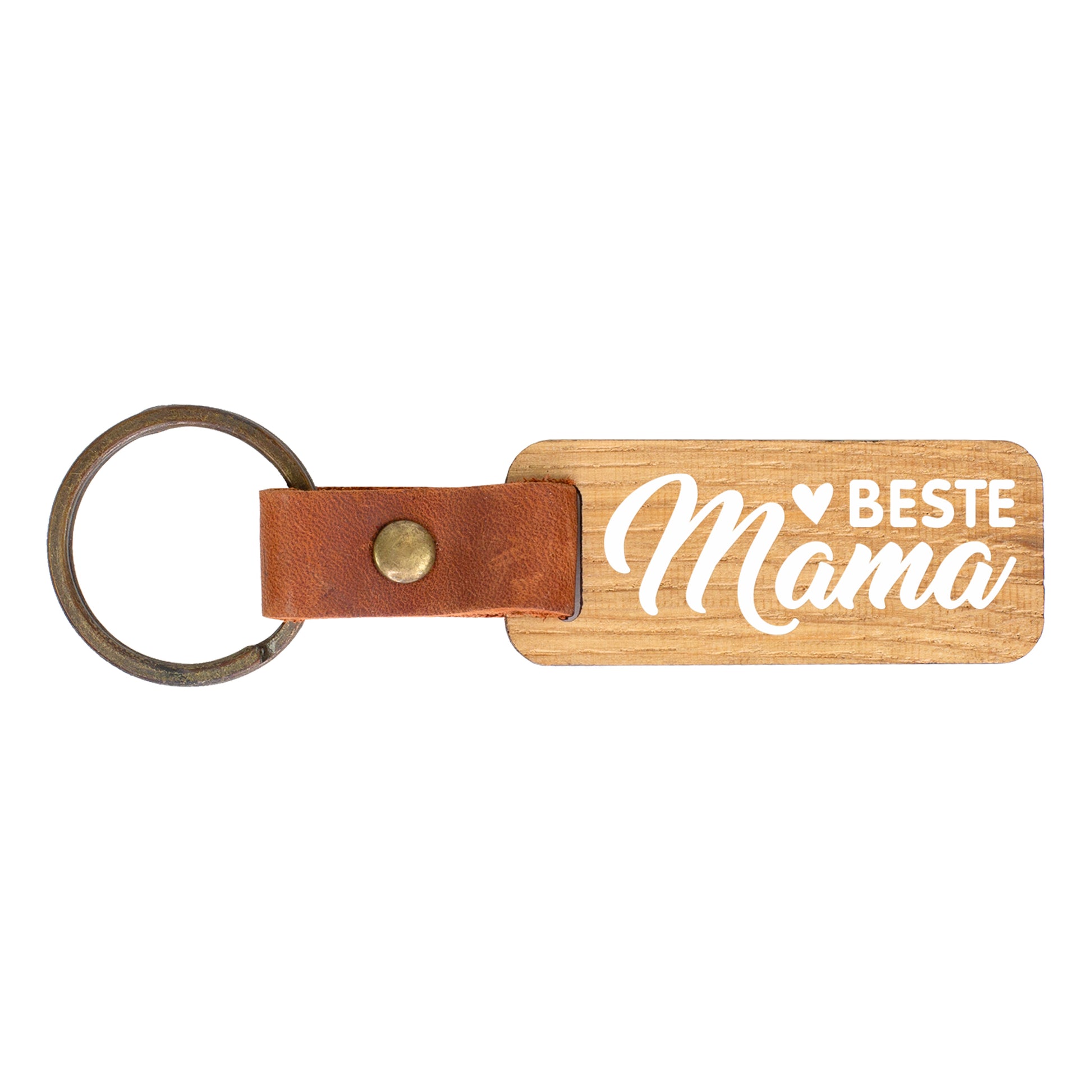 Freigestellter Schlüsselanhänger aus Holz mit Lederband und Motiv Beste Mama
