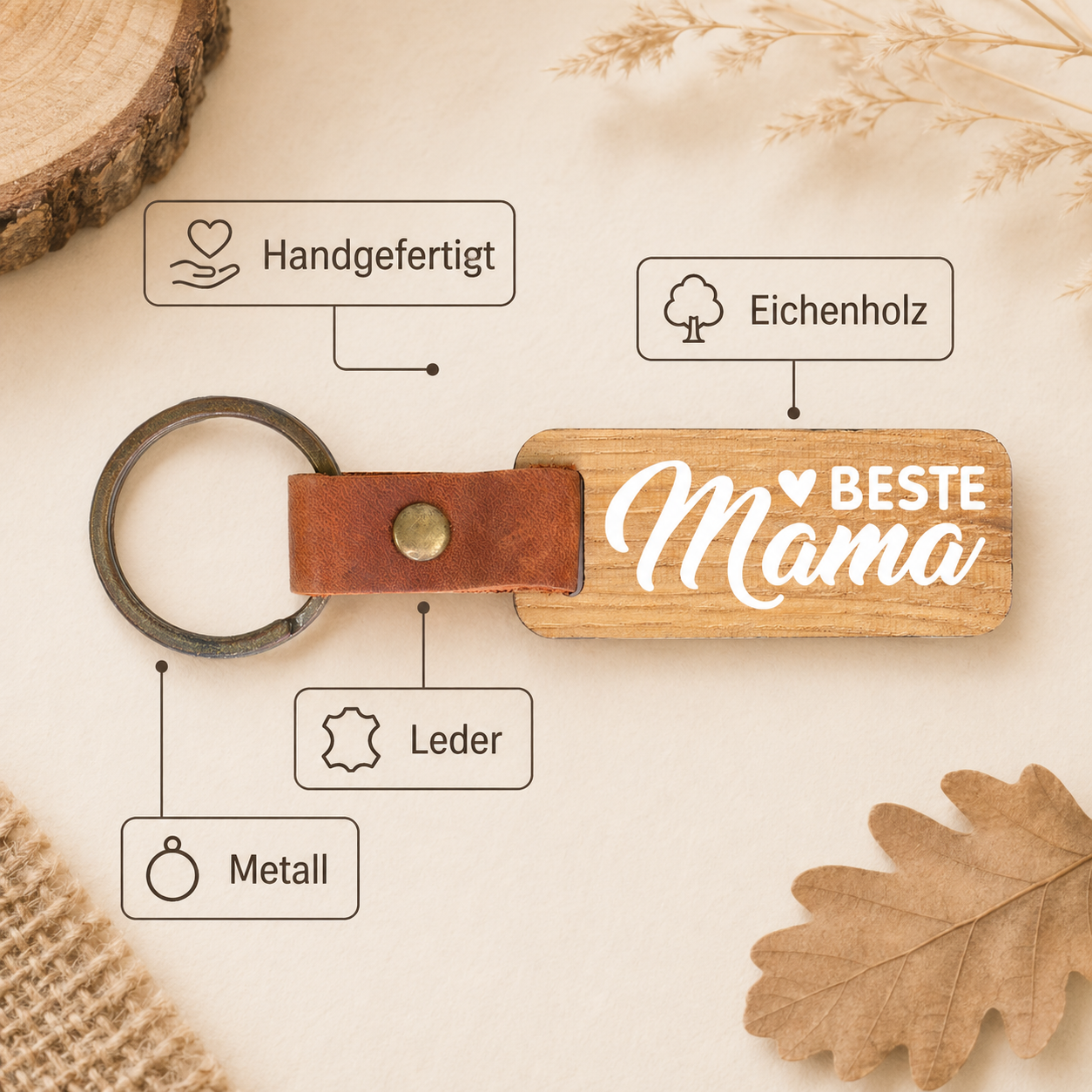 Produktinfos zum Schlüsselanhänger aus Eichenholz