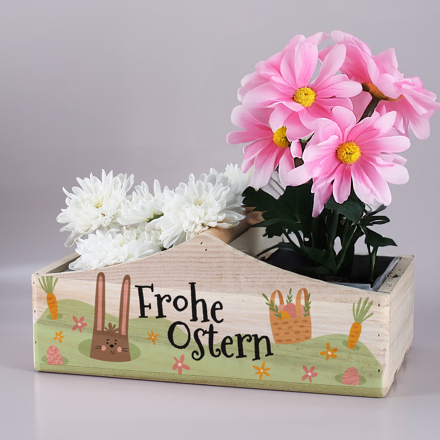 Pflanzkorb zu Ostern 'Frohe Ostern' aus Holz | Geschenkkorb mit Hasenmotiv in 3 Varianten