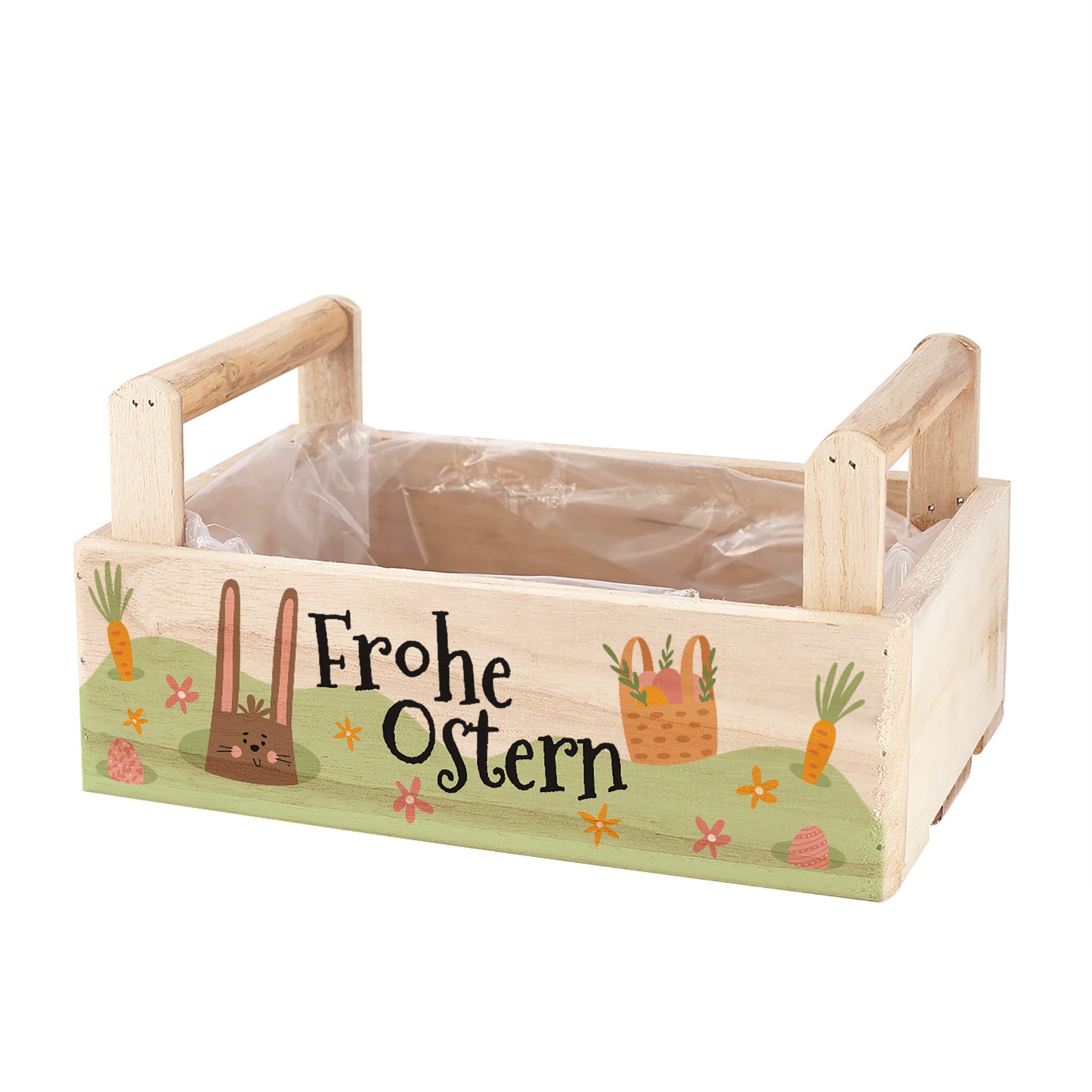 Oster Geschenkkorb aus Holz mit zwei Griffen und Aufdruck „Frohe Ostern“ mit Pflanze und Weinflasche