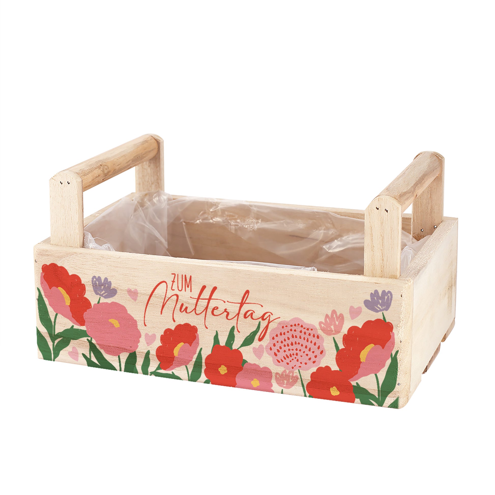 Schlichte Holz Pflanzkiste mit Griffen als Geschenkverpackung oder Blumenkorb