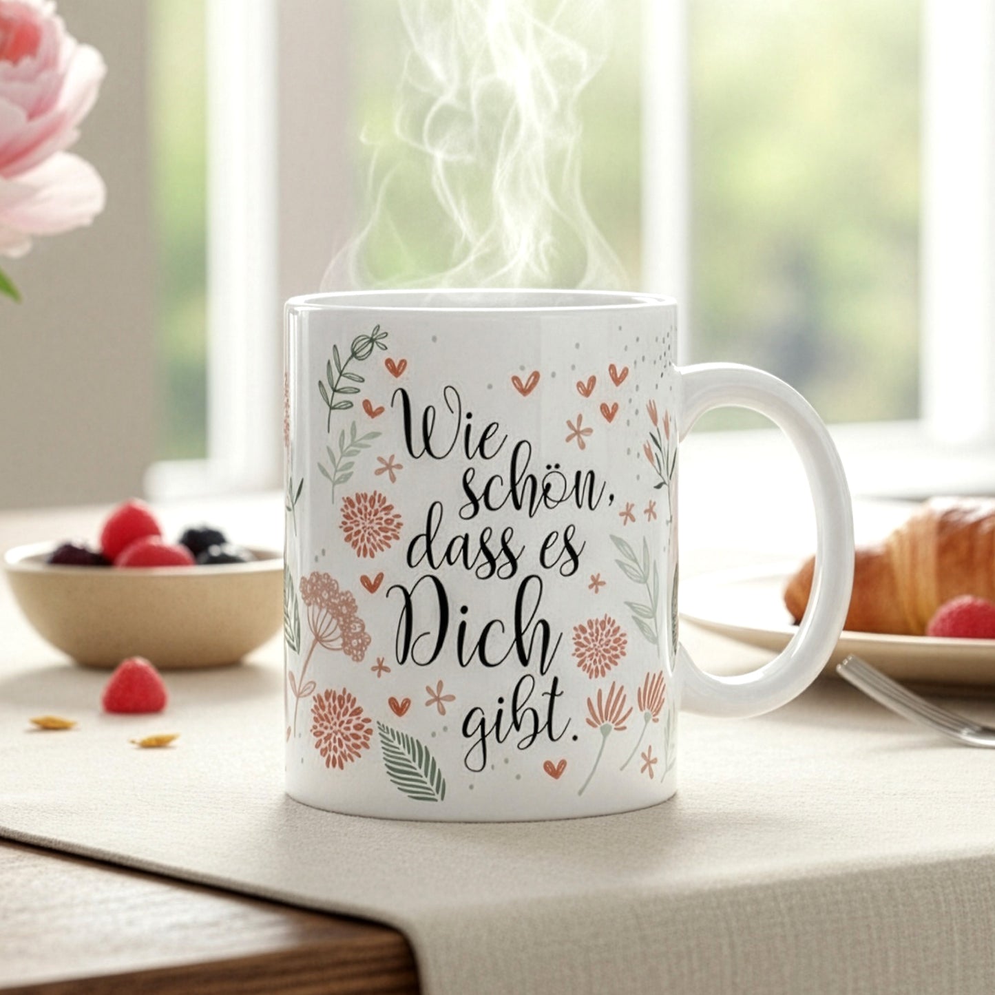 Weiße Tasse mit Aufdruck „Wie schön, dass es Dich gibt“ und floralem Muster auf einem Frühstückstisch mit Beeren und Croissant.