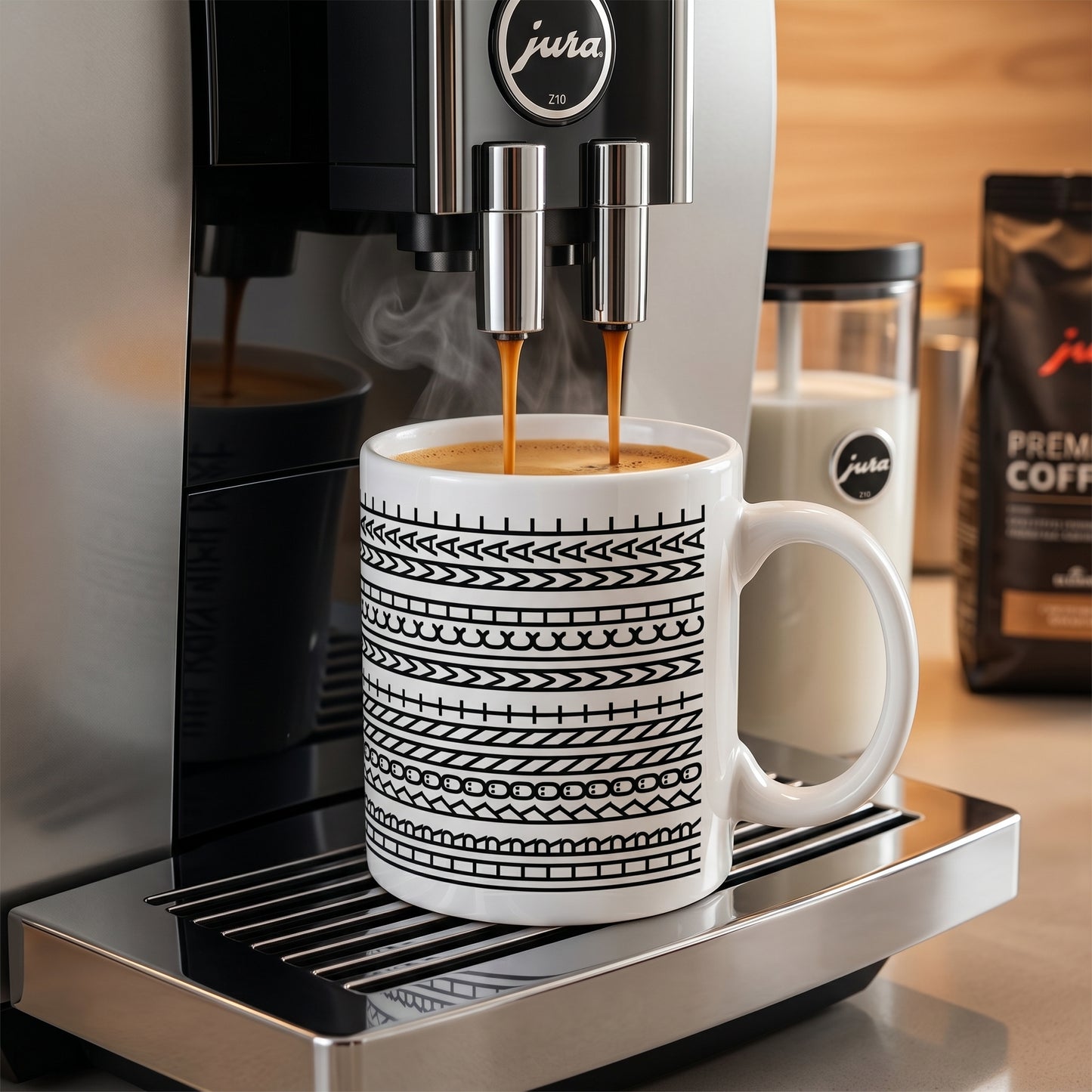 Keramiktasse mit versteckter Botschaft unter einer Kaffeemaschine beim Befüllen mit Kaffee