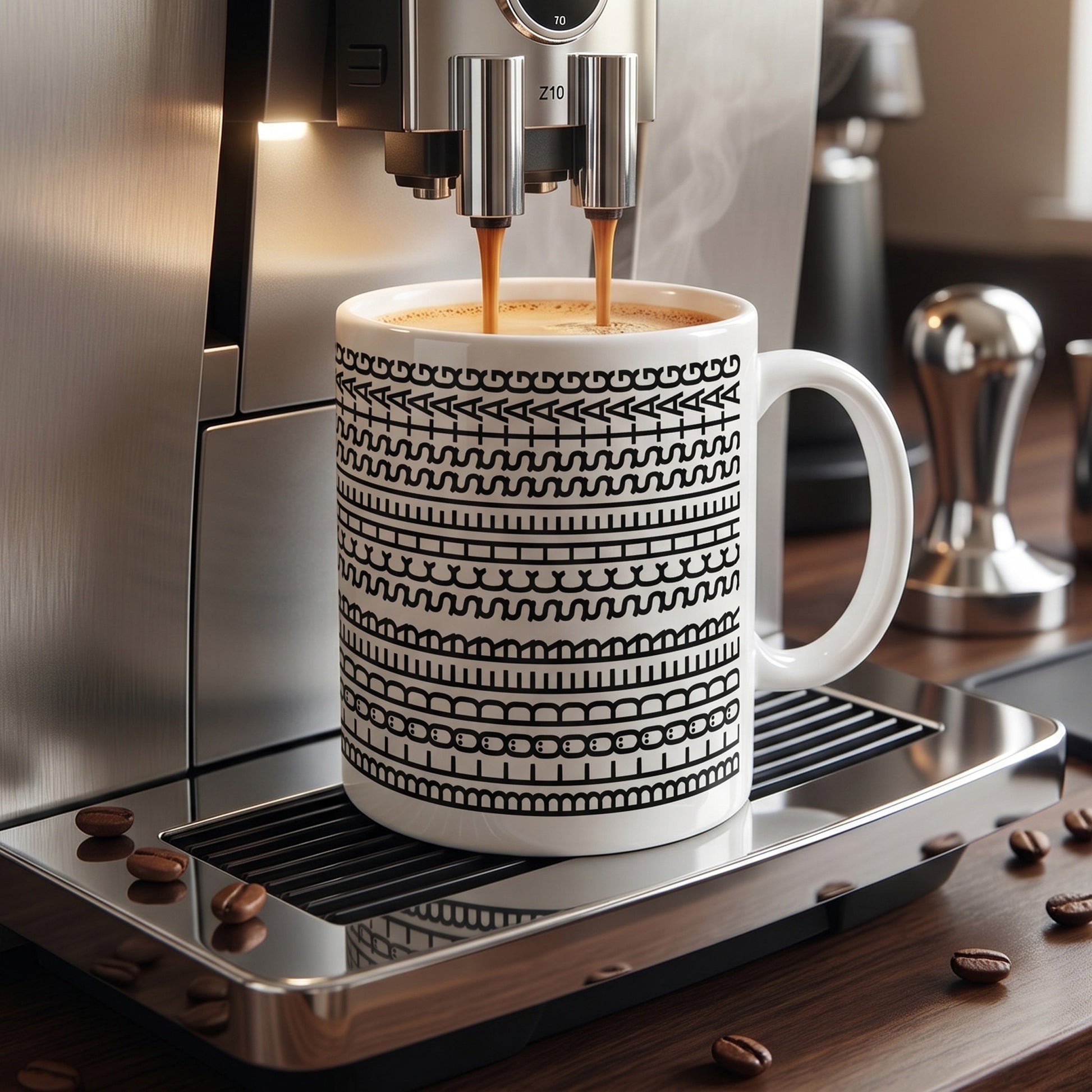 Weiße Kaffeetasse mit schwarzem Musterdruck unter einem Kaffeevollautomaten beim Befüllen