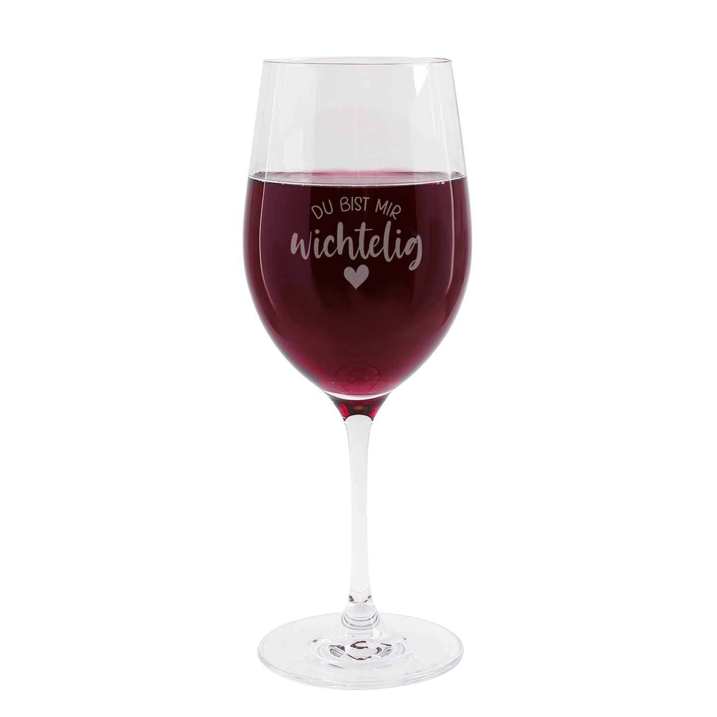 Freigestelltes Leonardo-Teqton-Weinglas mit Gravur „Du bist mir wichtelig“, gefüllt mit Rotwein.