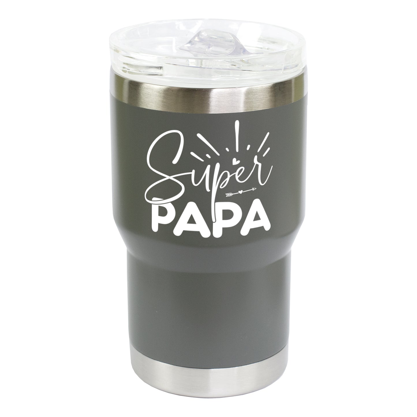 Grauer Thermobecher mit Super Papa Motiv freigestellt auf hellem Hintergrund