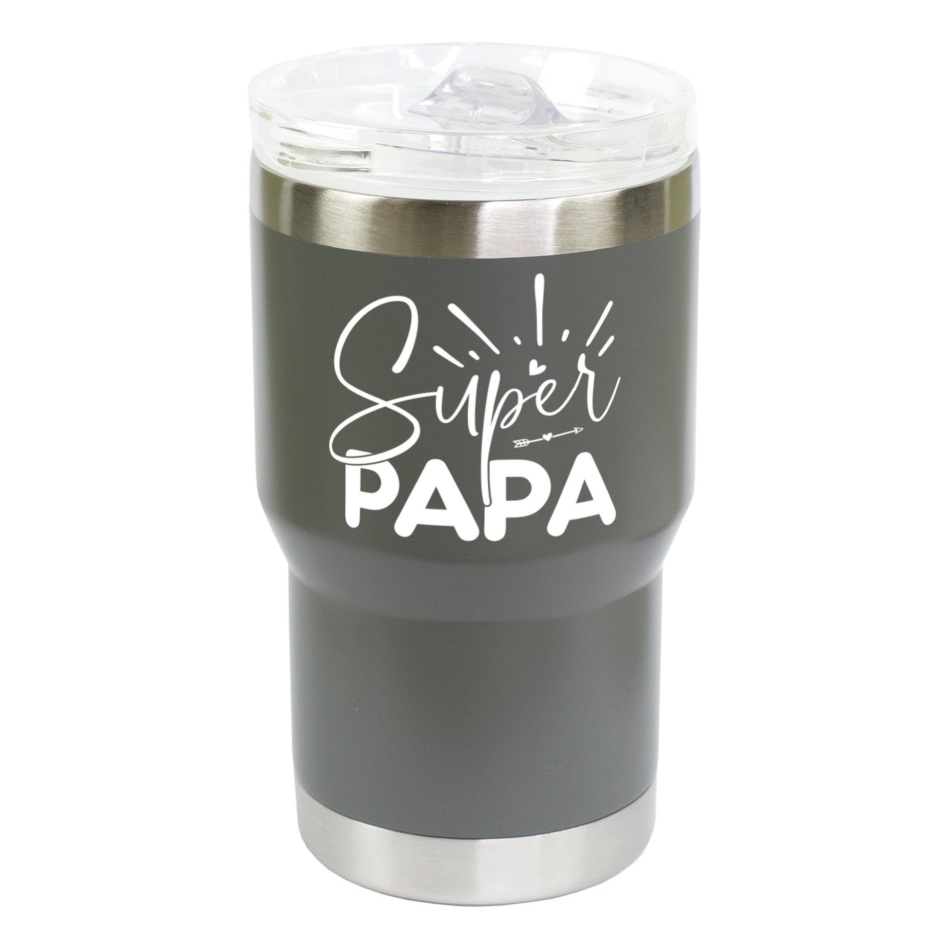 Grauer Thermobecher mit Super Papa Motiv freigestellt auf hellem Hintergrund