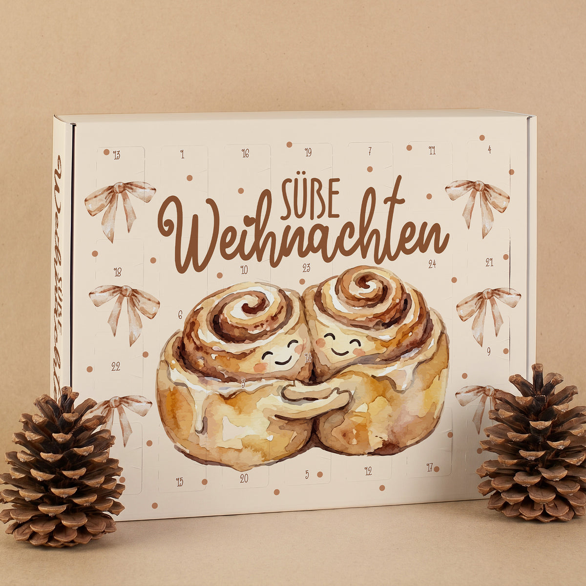 Adventskalender 'Süße Weihnachten' mit Zimtschnecken Motiv | 24 Türchen DIY Kalender zum Befüllen