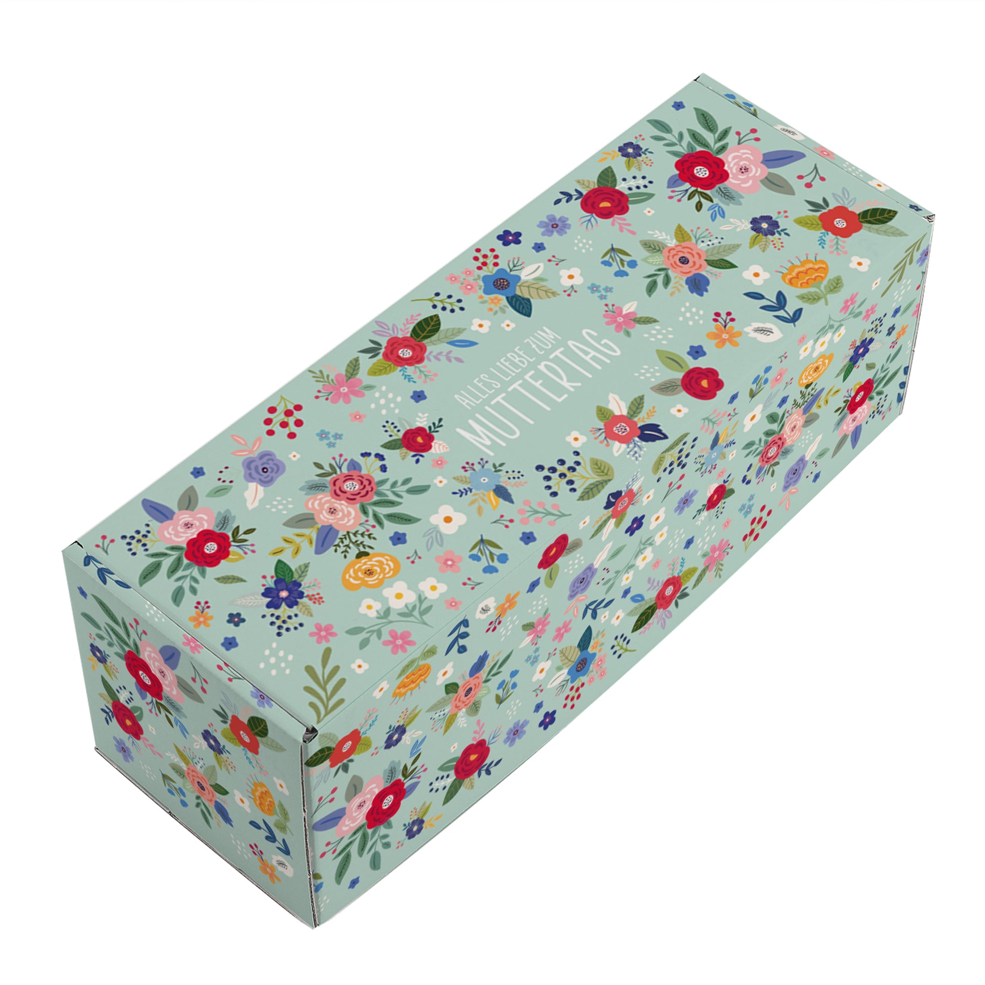 Freigestellte Muttertagsbox im länglichen Format mit rundum floralem Design und Aufdruck Alles Liebe zum Muttertag