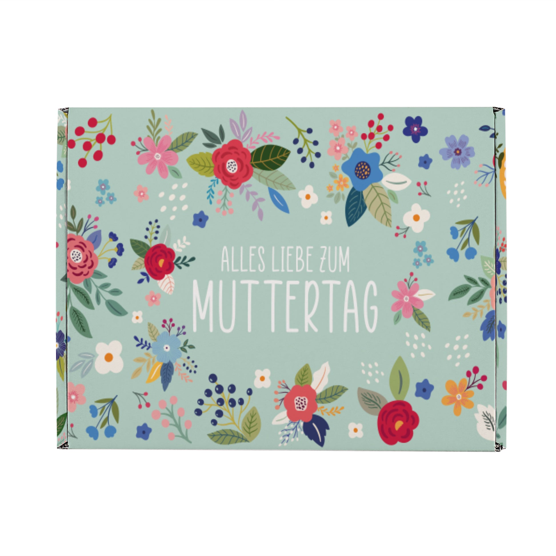 Freigestellte rechteckige Geschenkbox mit Aufdruck Alles Liebe zum Muttertag und rundum floralem Druck