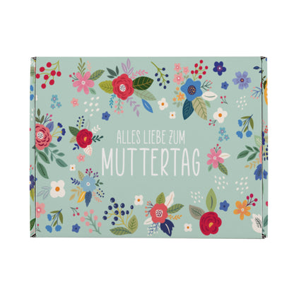 Freigestellte rechteckige Geschenkbox mit Aufdruck Alles Liebe zum Muttertag und rundum floralem Druck