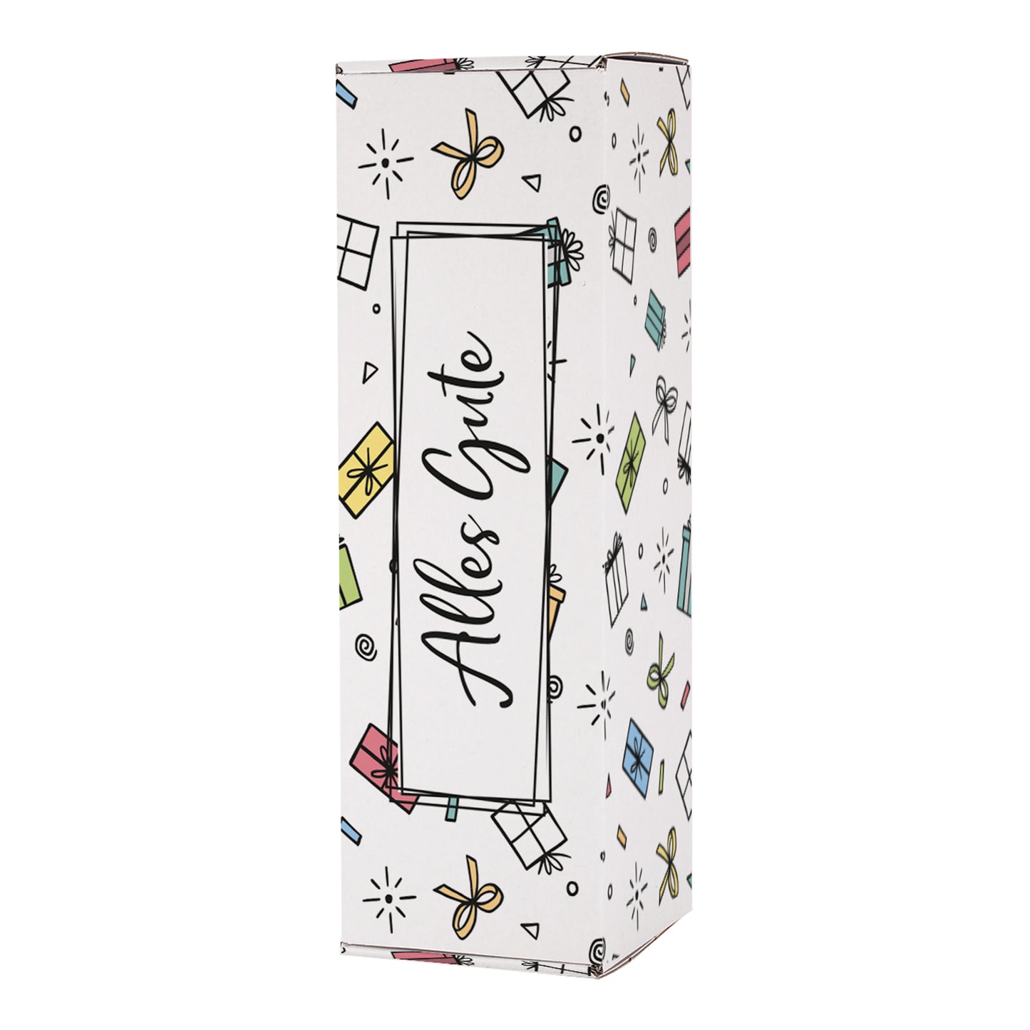 Frontansicht der Flaschenverpackung „Alles Gute“ – edle Geschenkbox mit fröhlichem Geschenk-Motiv und mittigem „Alles Gute“-Schriftzug. Ideal für verschiedene Anlässe.