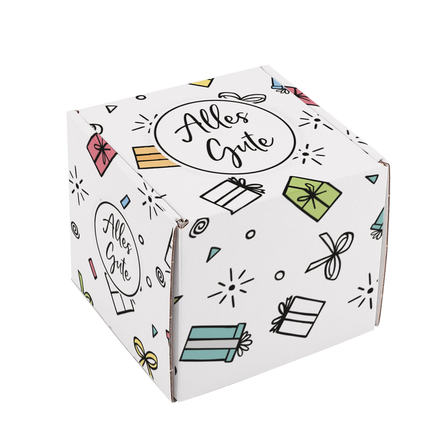 Quadratische Geschenkbox „Alles Gute“ auf weißem Hintergrund, farbenfroh bedruckt mit Geschenk-Symbolen und Schleifen.