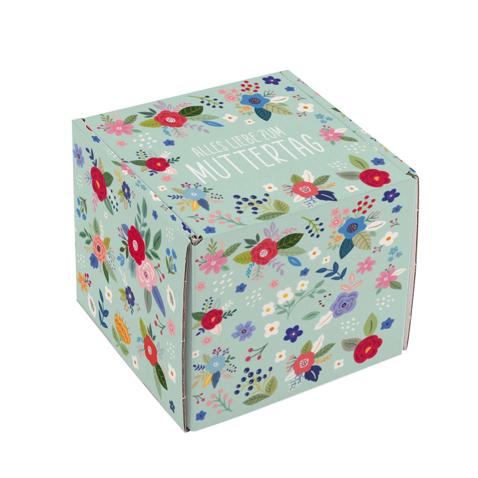 Freigestellte Geschenkbox mit Blumendruck und Deckeltext Alles Liebe zum Muttertag – Verpackung aus Pappe