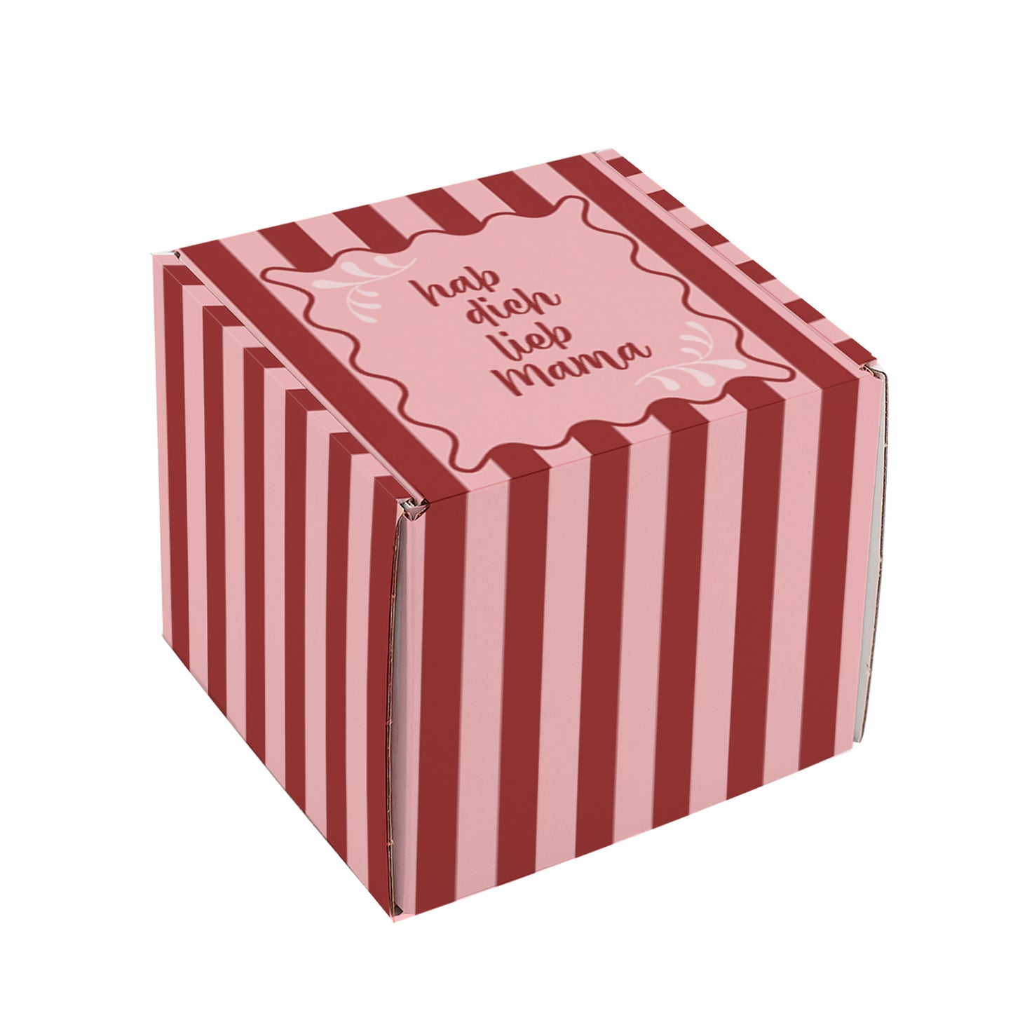 Freigestellte geöffnete Geschenkverpackung zum Muttertag mit rosa-rotem Streifenmuster und weißem Innenraum