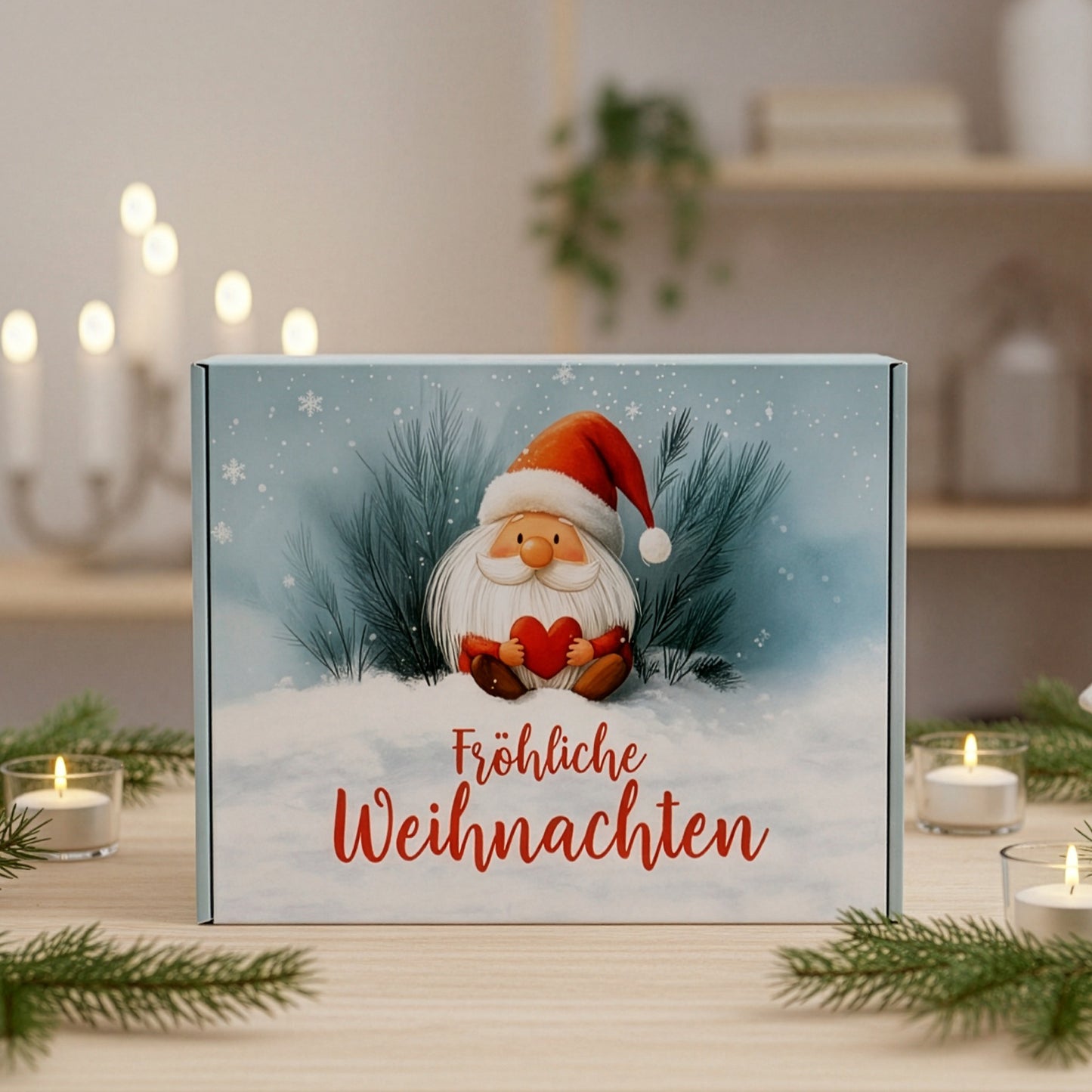 XL-Geschenkbox Weihnachten mit Wichtelmotiv und Geschenkpaketen – Ansicht schräg von oben