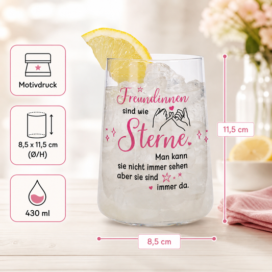 Produktinfo-Grafik zum Trinkglas für Freundinnen mit Motivdruck, Maßen 8,5 x 11,5 cm und 430 ml Fassungsvermögen