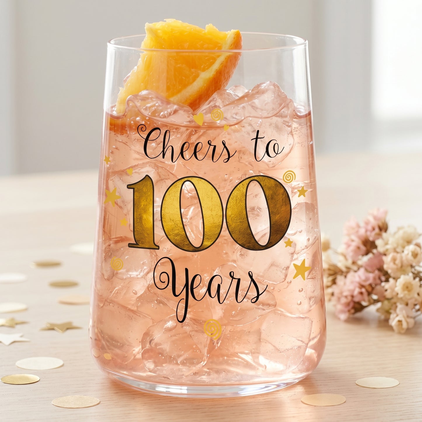 Trinkglas zum 100. Geburtstag mit rosa Getränk, Eiswürfeln und Orangenscheibe
