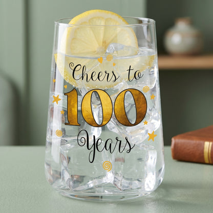 Wasserglas zum 100. Geburtstag mit Eiswürfeln, Zitronenscheibe und goldfarbener 100