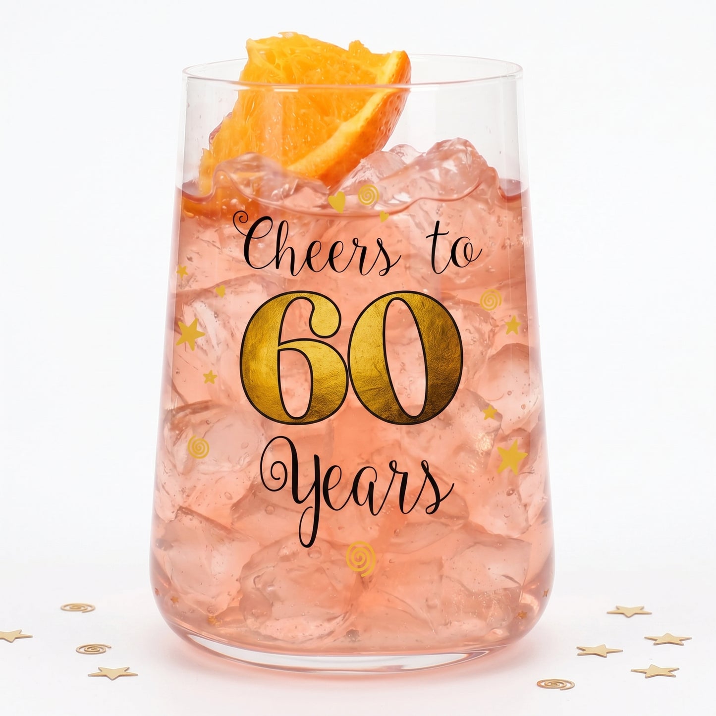 Trinkglas zum 60. Geburtstag mit Cheers to 60 Years Aufdruck und orangem Getränk