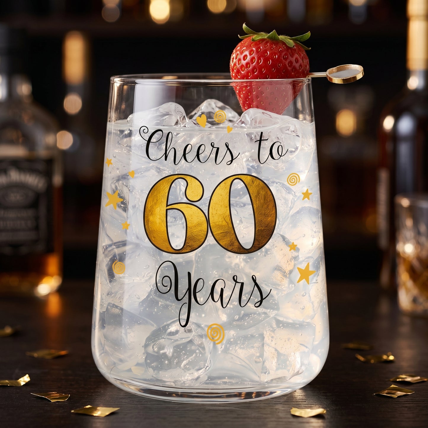 Wasserglas zum 60. Geburtstag mit goldfarbener 60, Eiswürfeln und Erdbeere
